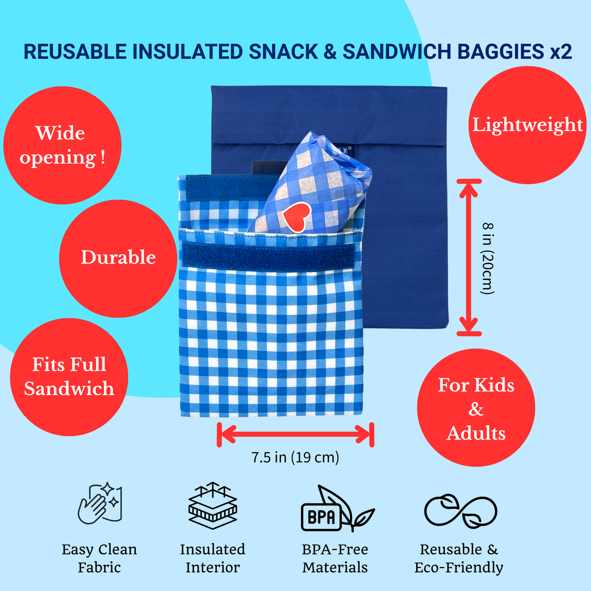 Reusable Sandwich Bag - Set of 2 - Navy & Vichy Pochettes