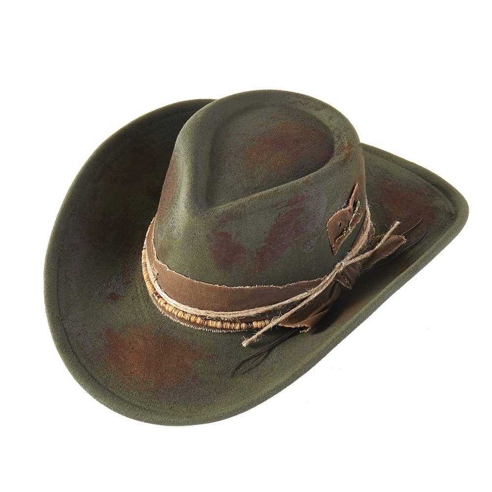 Distressed, beaded Olive Fedora Hat