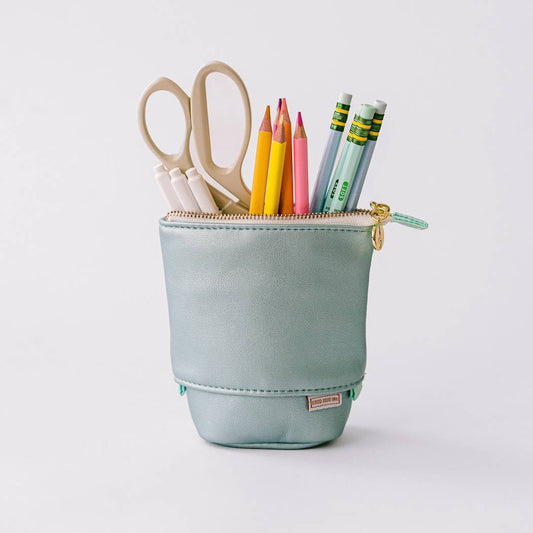 Luxe Standing Pencil Pouch - Metallic Blue Sky