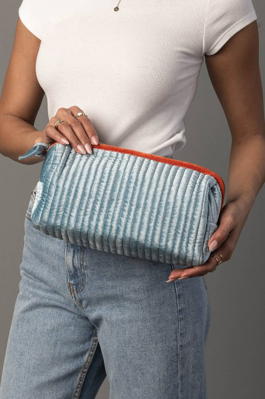 Light Blue & Orange Velvet Ribbed Travel Pouch