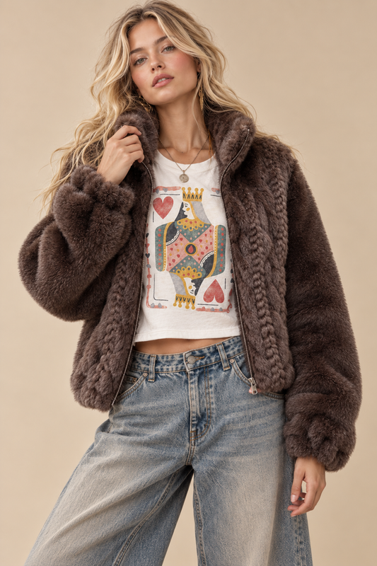 Cable-Knit Faux Fur Zip-Up Jacket