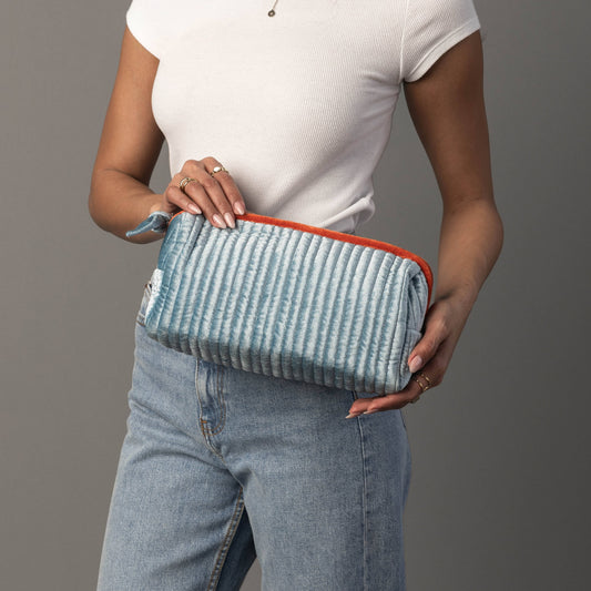 Light Blue & Orange Velvet Ribbed Travel Pouch