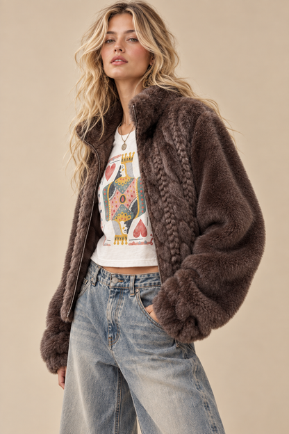 Cable-Knit Faux Fur Zip-Up Jacket
