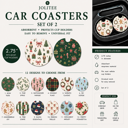 Jolitee Car Coasters, Absorbent Neoprene CupHolder Xmas Prep