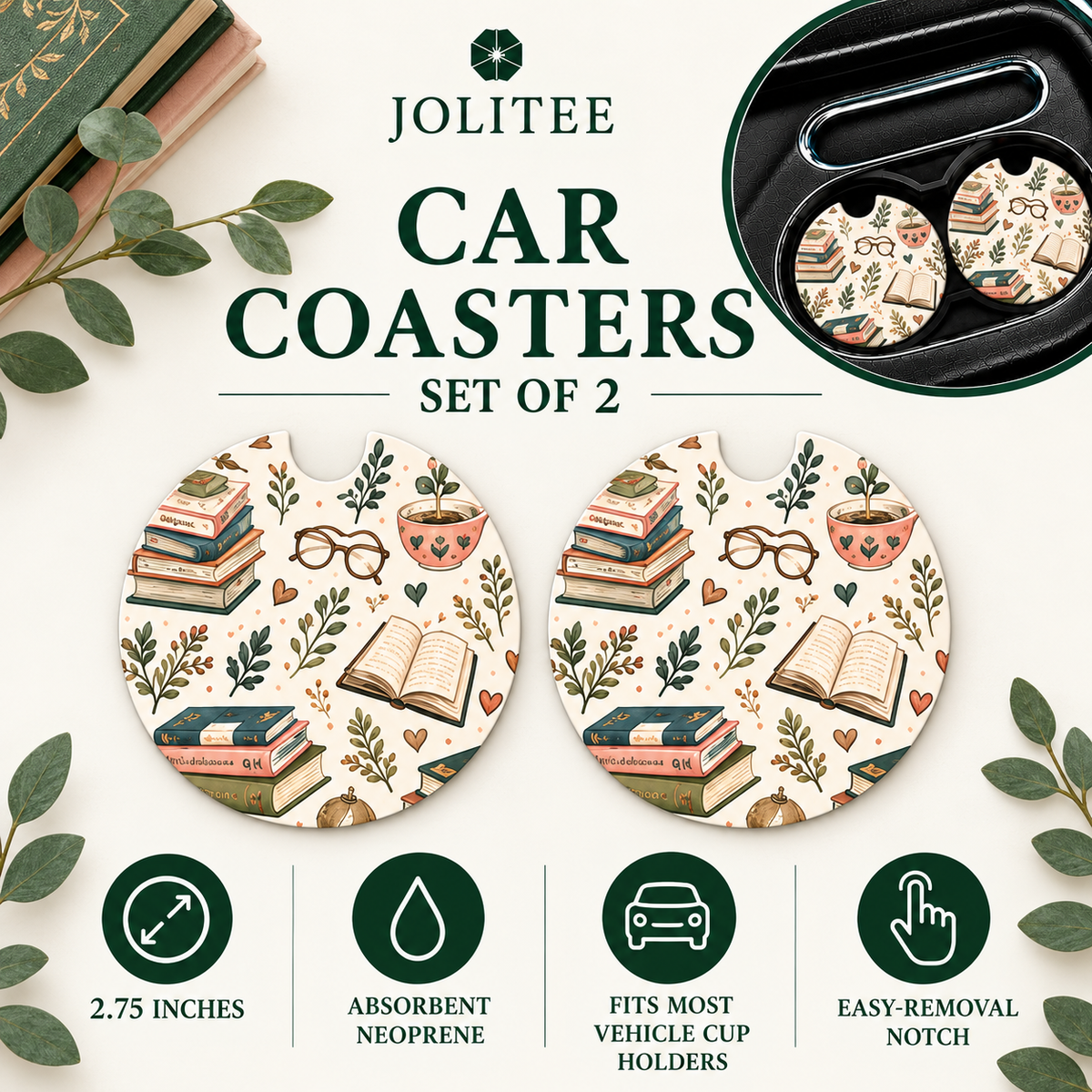 Jolitee Car Coasters, Absorbent Neoprene CupHolder BookLover