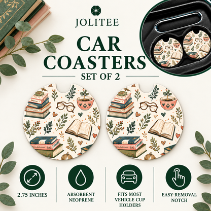 Jolitee Car Coasters, Absorbent Neoprene CupHolder BookLover