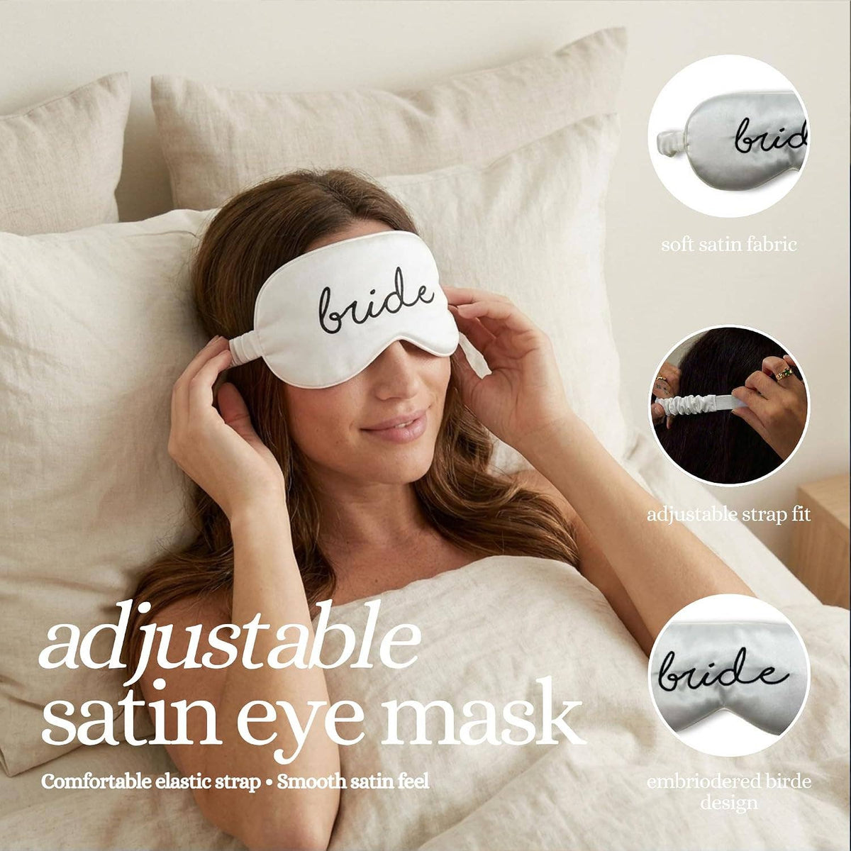 Luxury Adjustable Satin Sleep Eye Mask - Bride - White