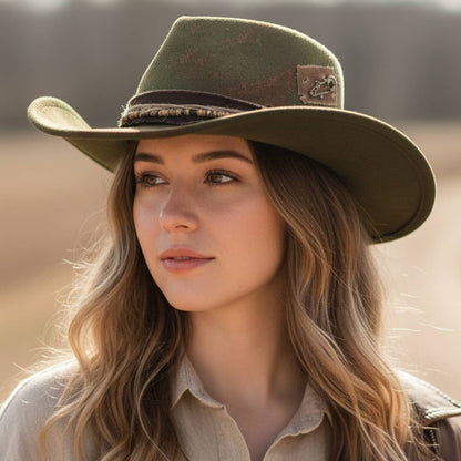 Distressed, beaded Olive Fedora Hat
