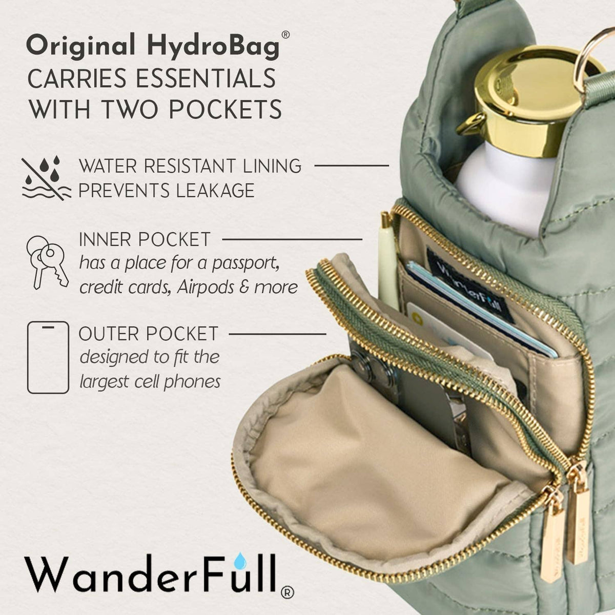 HydroBag® HANDLE® - Sage Green with Sage and Tan Strap