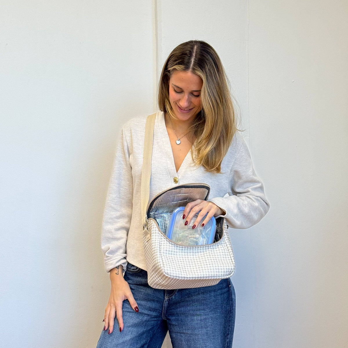 Gingham Jacquard Lunch Bag – Beige & Ecru (Vison)