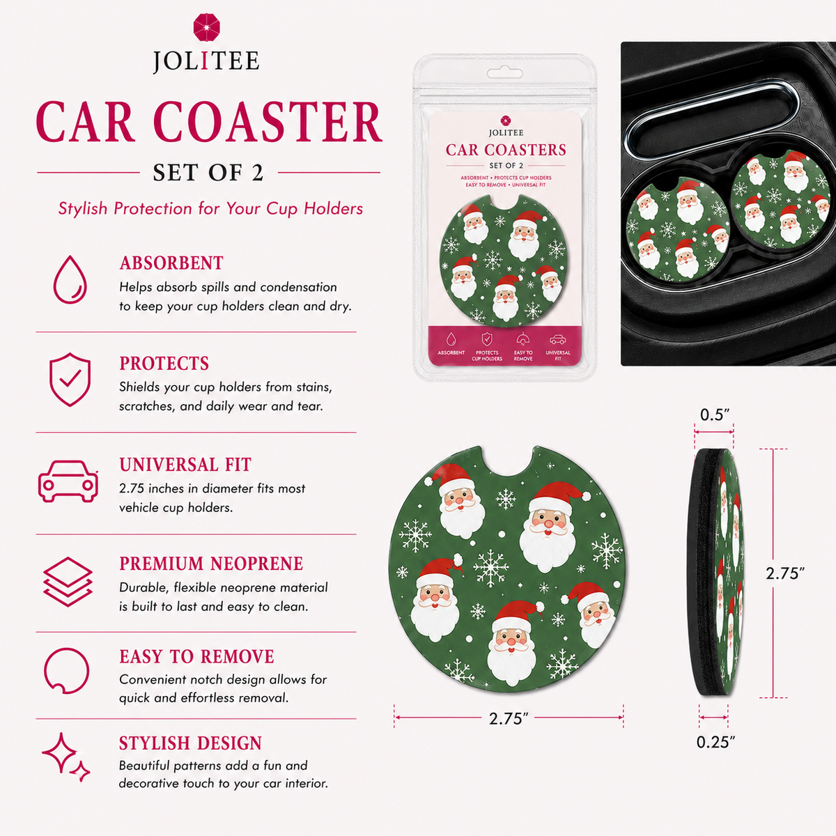Jolitee Car Coasters, Absorbent Neoprene CupHolder Christmas