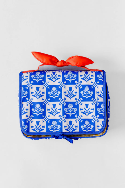 Hanging Toiletry Bag, Blue Plaid Floral