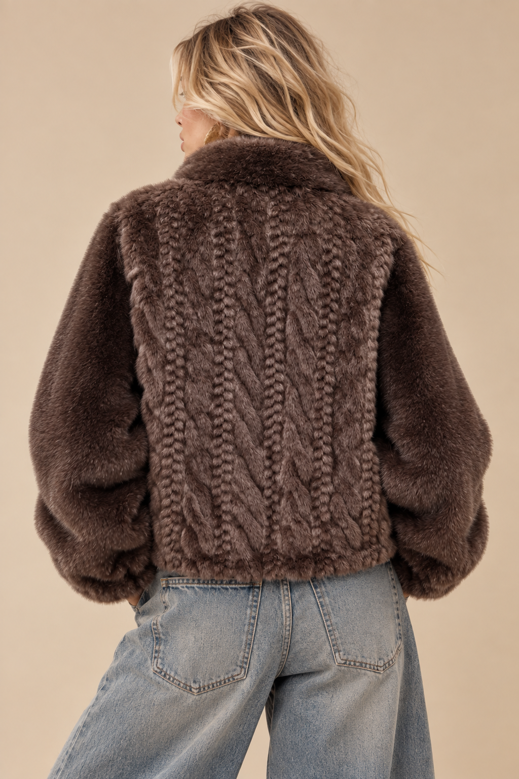 Cable-Knit Faux Fur Zip-Up Jacket