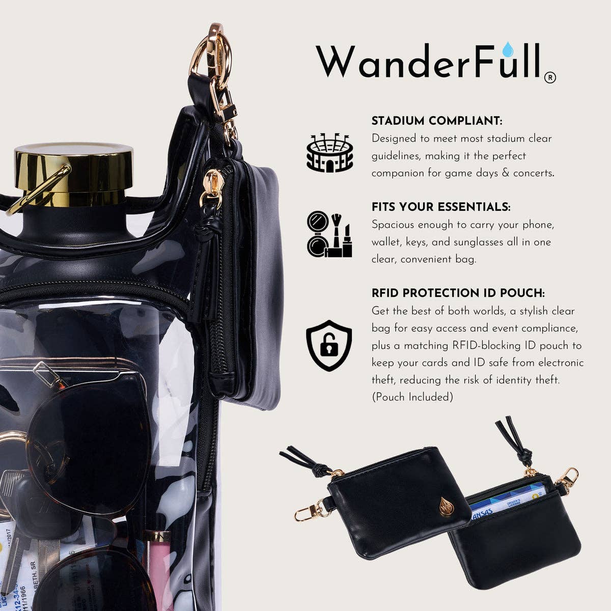 Clear HydroBag® Stadium with Black Trim and Matching RFID Pouch