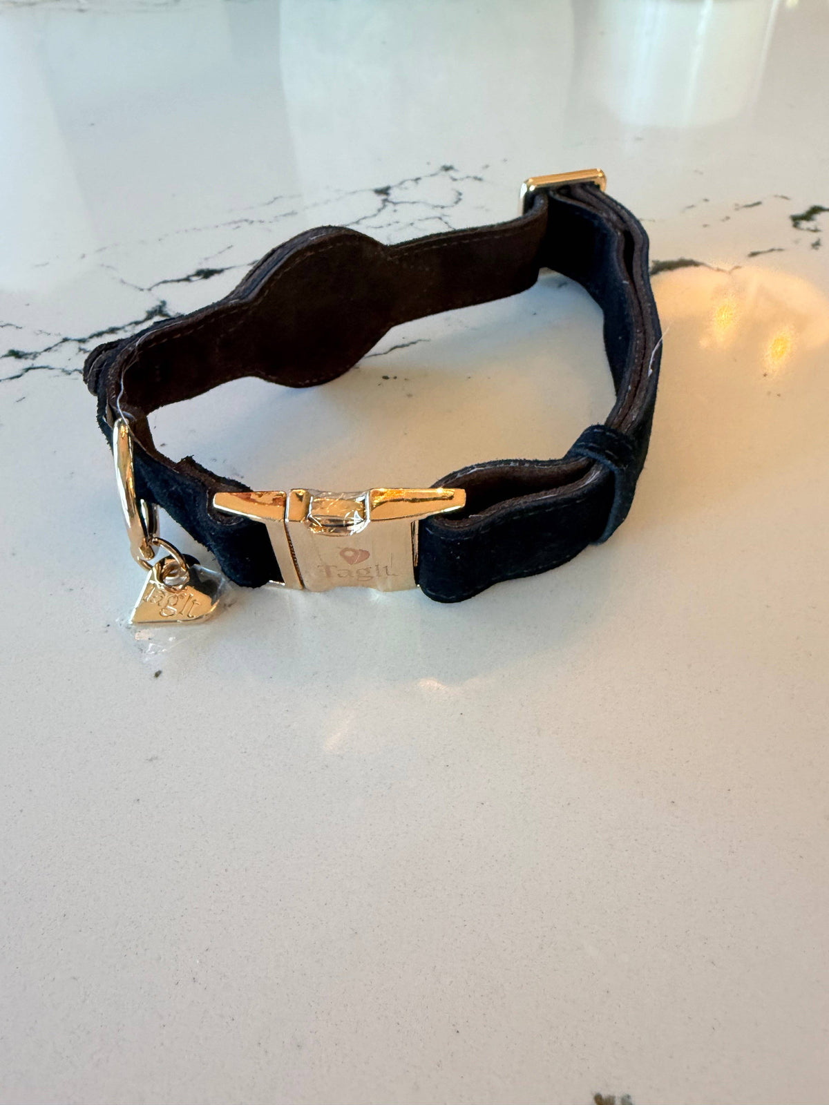 Heirloom Suede AirTag Dog Collar — Black & Coffee