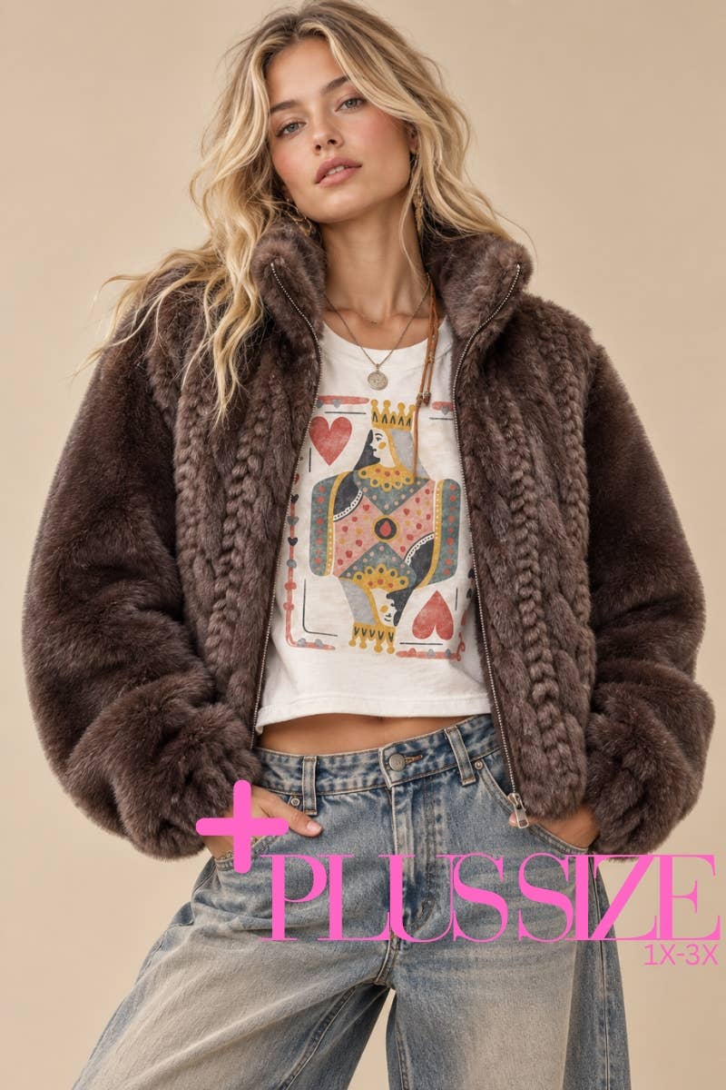 Cable-Knit Faux Fur Zip-Up Jacket