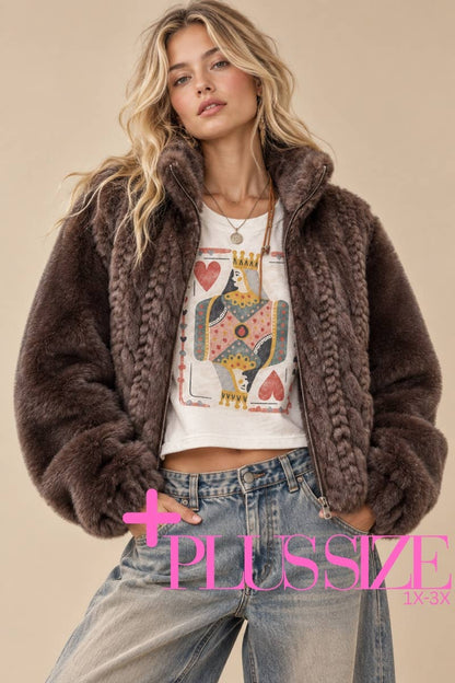 Cable-Knit Faux Fur Zip-Up Jacket