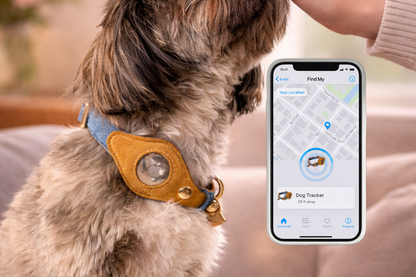 Heirloom Suede AirTag Dog Collar — Denim & Tan