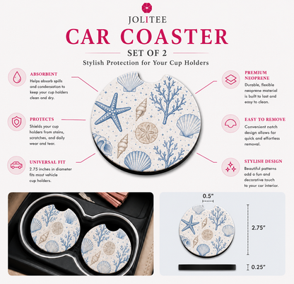 Jolitee Car Coasters, Absorbent Neoprene CupHolder Coastal