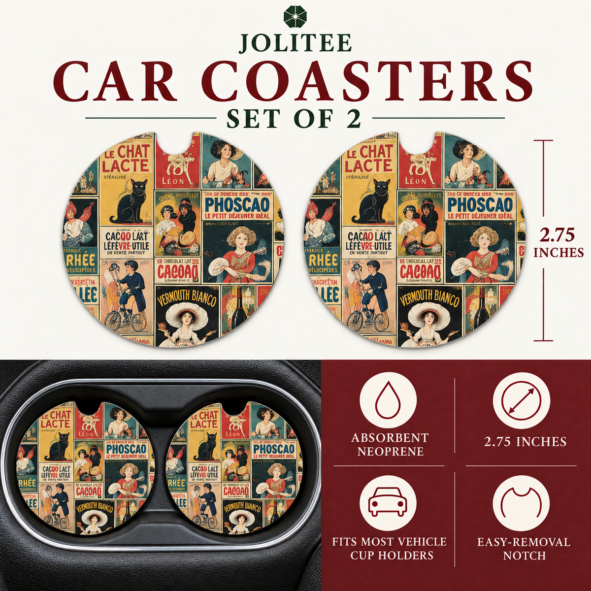 Jolitee Car Coasters, Absorbent Neoprene CupHolder Vintage