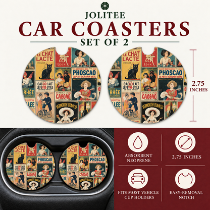 Jolitee Car Coasters, Absorbent Neoprene CupHolder Vintage