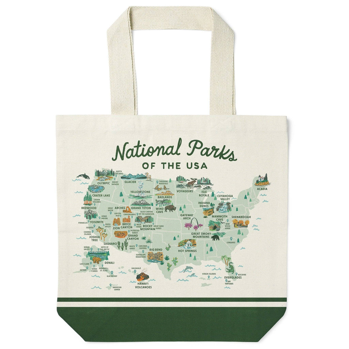 National Parks of the USA Illustrated Map Recycled Canvas Tote Bag