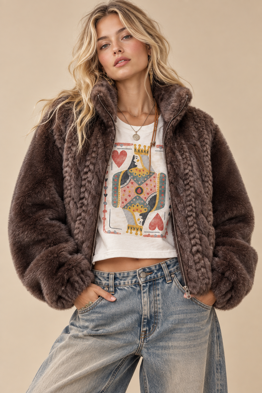 Cable-Knit Faux Fur Zip-Up Jacket