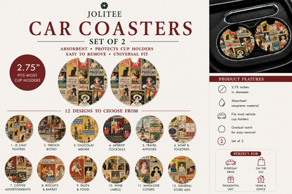 Jolitee Car Coasters, Absorbent Neoprene CupHolder Vintage
