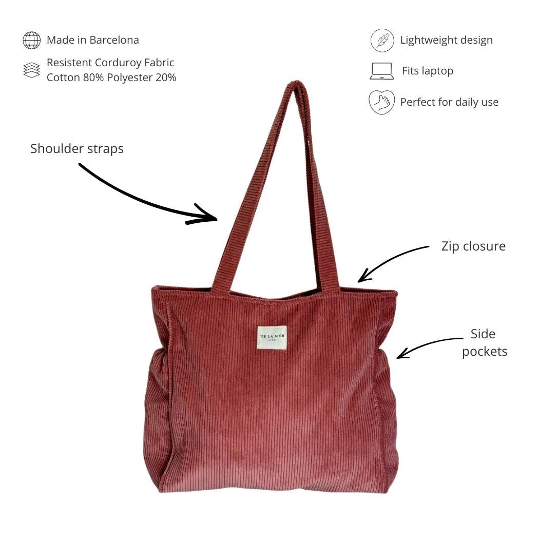 Corduroy Zippered Tote Bag – Coral Pink (Coral)