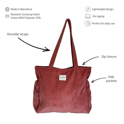 Corduroy Zippered Tote Bag – Coral Pink (Coral)