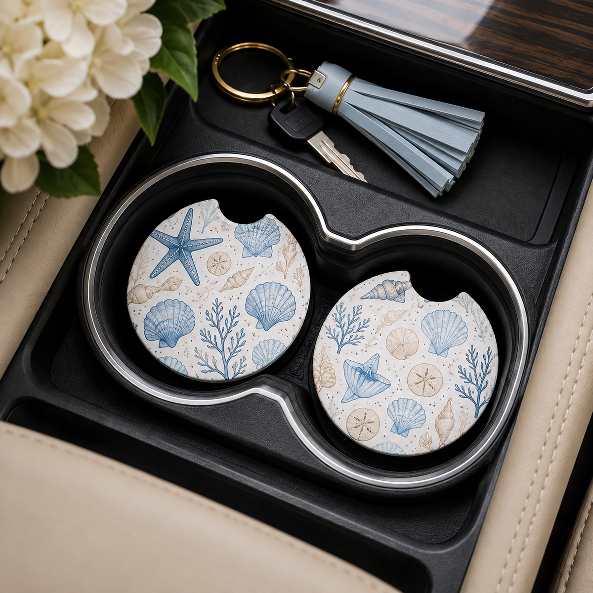 Jolitee Car Coasters, Absorbent Neoprene CupHolder Coastal