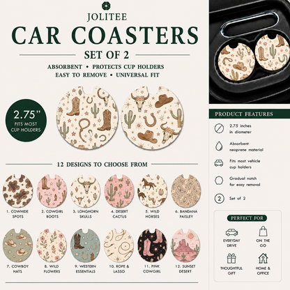 Jolitee Car Coasters, Absorbent Neoprene CupHolder Cowgirl