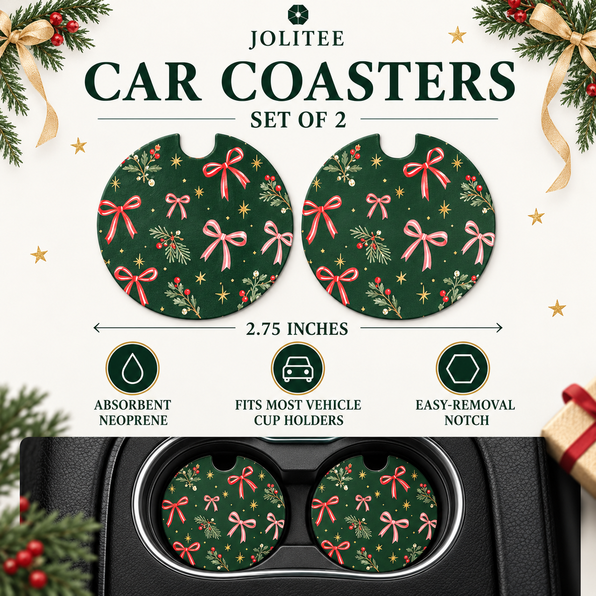 Jolitee Car Coasters, Absorbent Neoprene CupHolder Xmas Prep