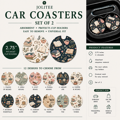 Jolitee Car Coasters, Absorbent Neoprene CupHolder BookLover