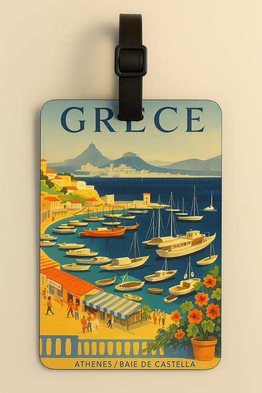 Vegan Leather Luggage Tags: Vintage Poster Art (Greece)