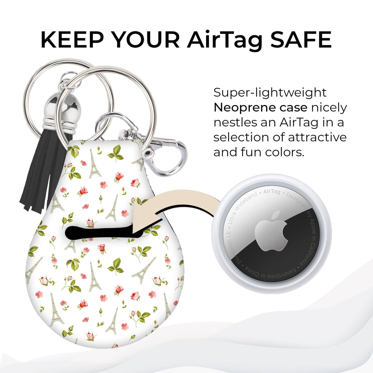 Neoprene AirTag Case Keychain – Paris Eiffel Tower & Floral