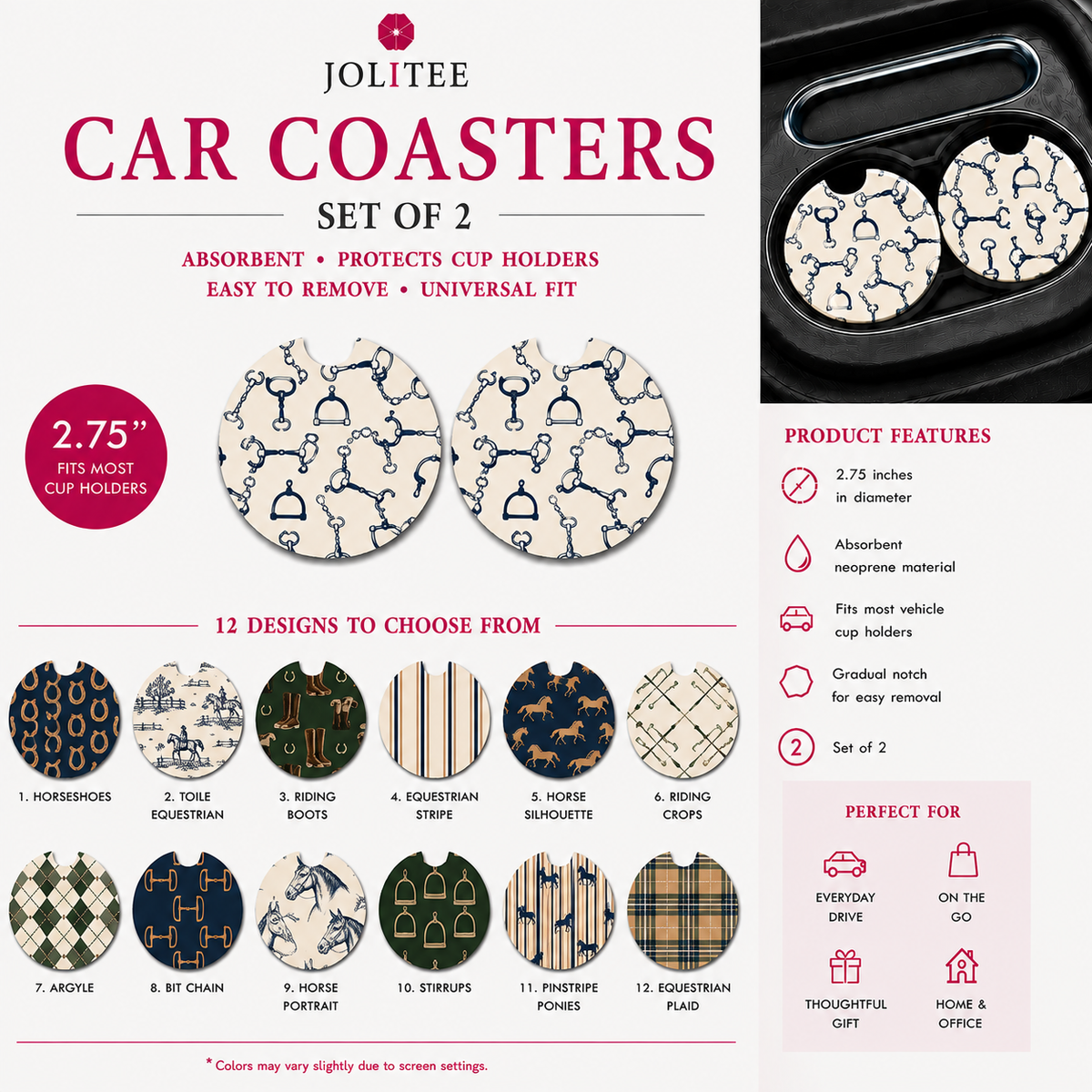 Jolitee Car Coasters, Absorbent Neoprene CupHolder Dog Lover