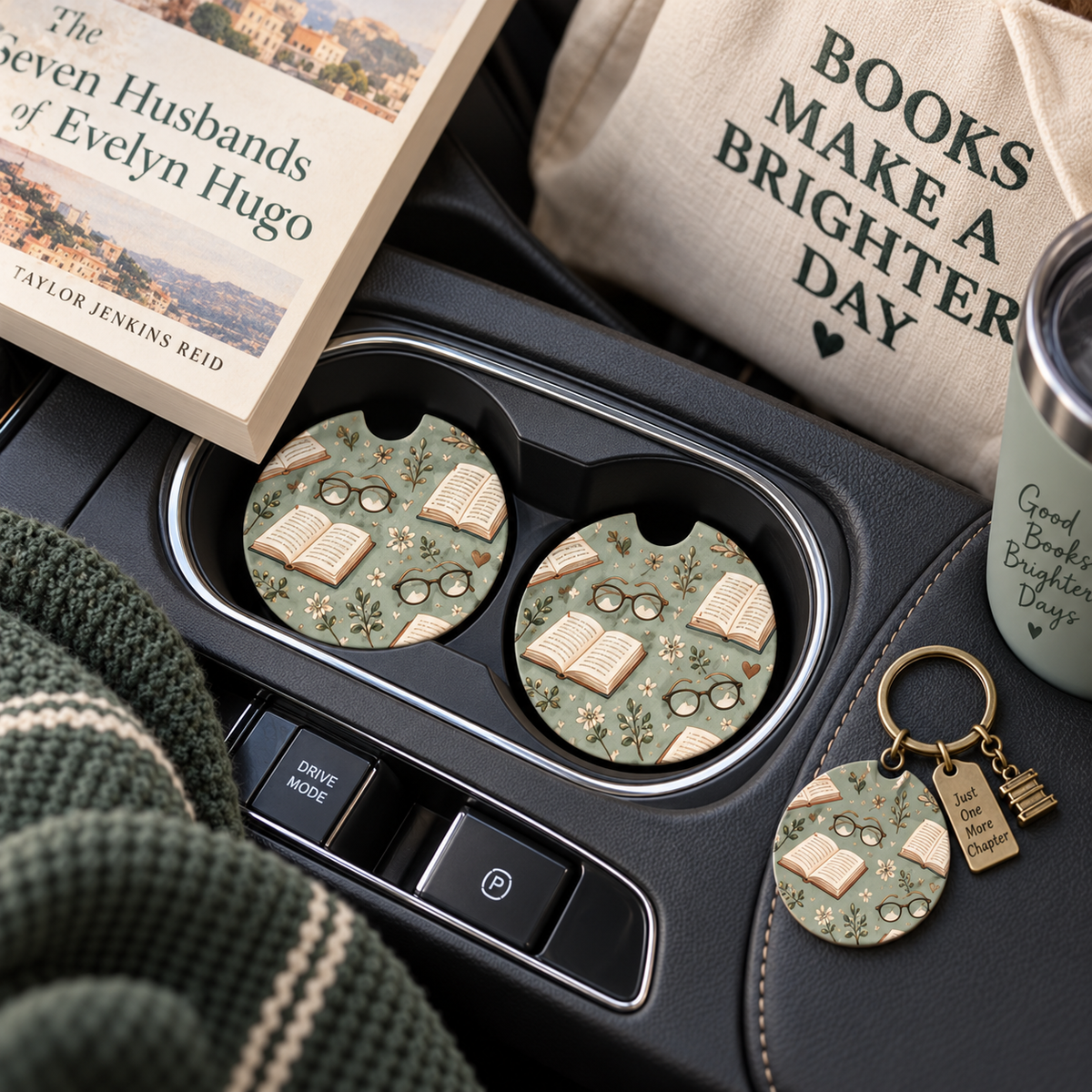 Jolitee Car Coasters, Absorbent Neoprene CupHolder BookLover