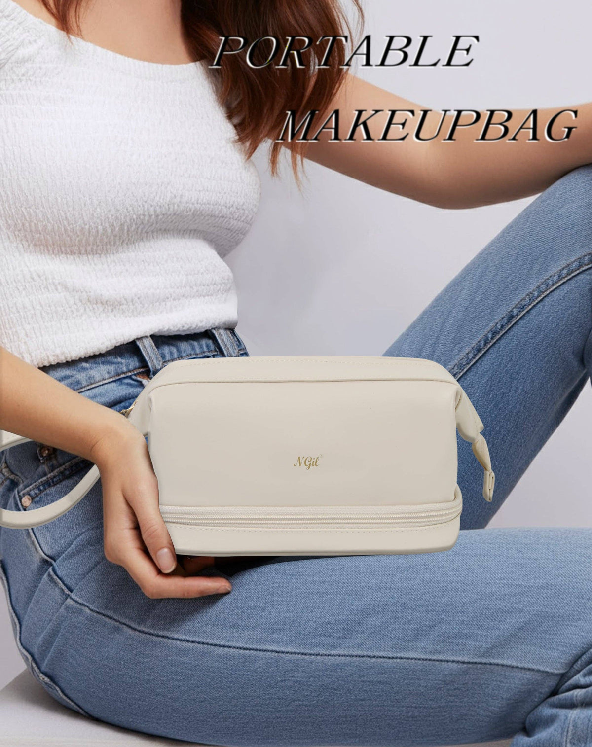 Beige NGIL Faux Leather Cosmetic Bag