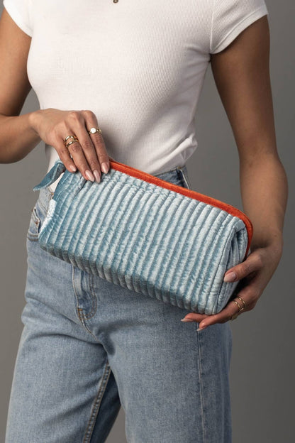 Light Blue & Orange Velvet Ribbed Travel Pouch