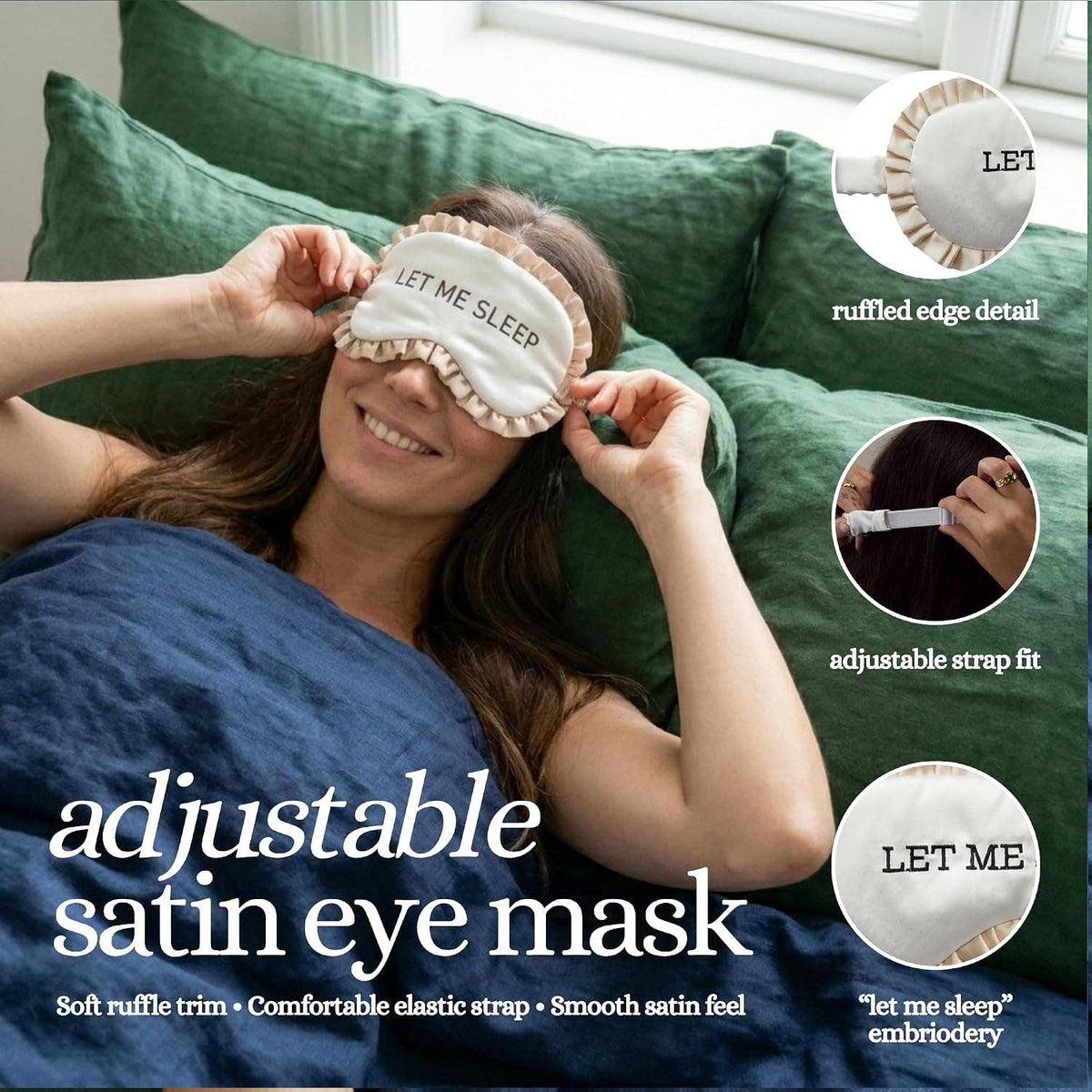 Adjustable Ruffle Satin Sleep Eye Mask- Let Me Sleep - Beige