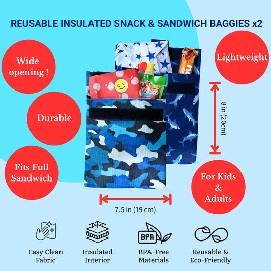 Reusable Sandwich Bag - Set of 2 - Shark & Camouflage