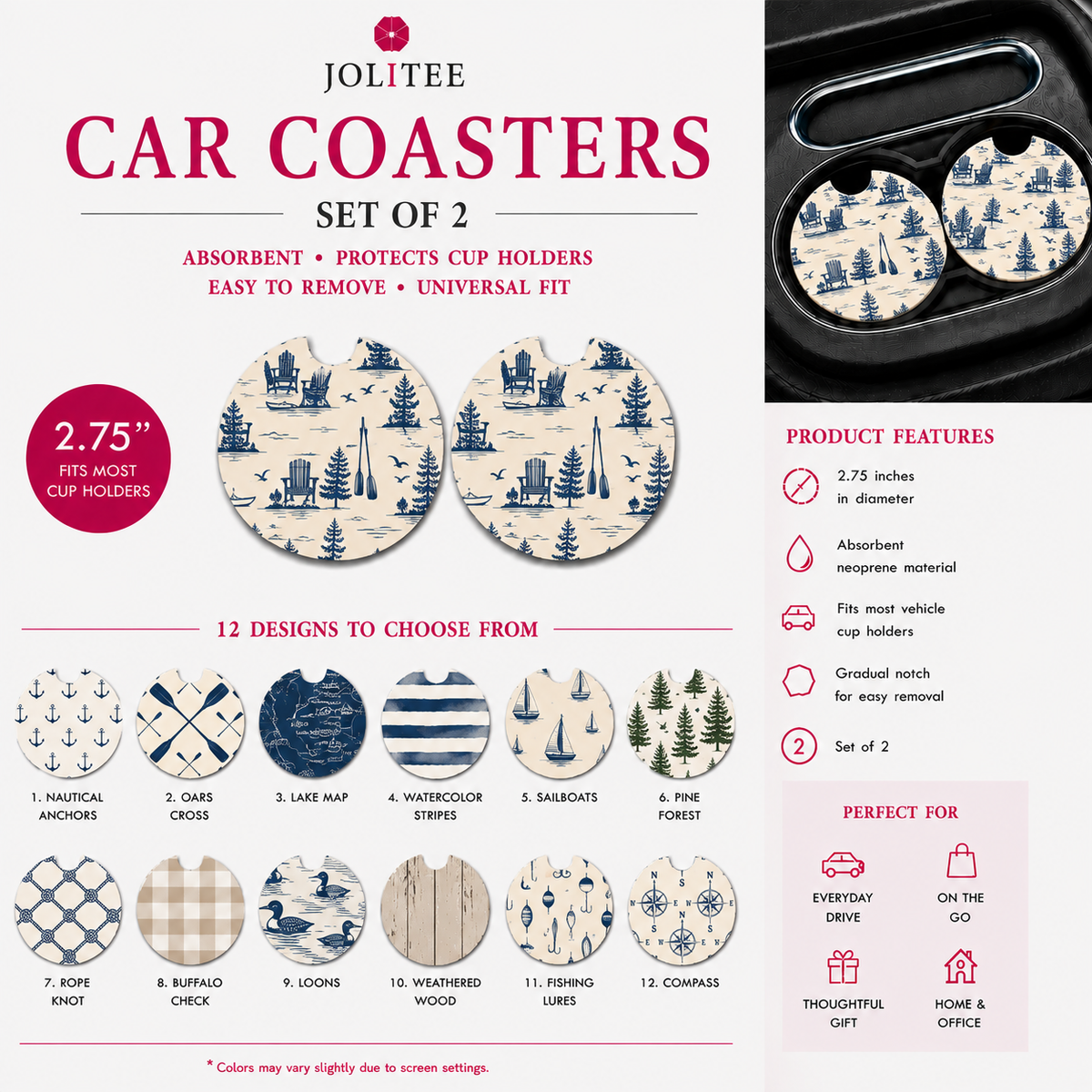 Jolitee Car Coasters, Absorbent Neoprene CupHolder Lakehouse