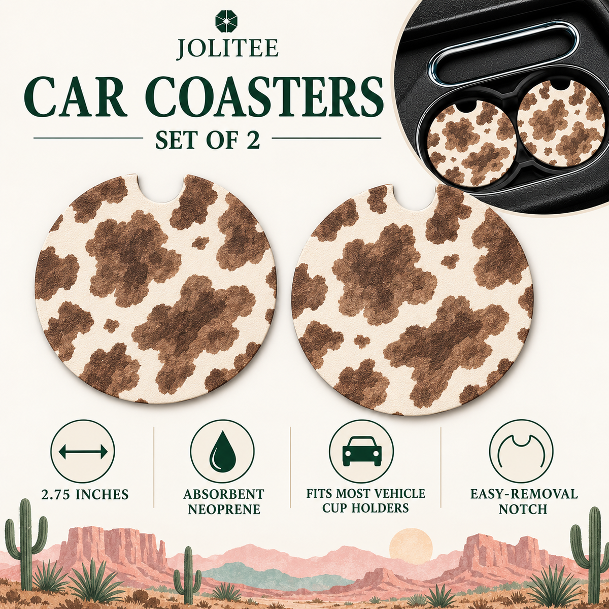 Jolitee Car Coasters, Absorbent Neoprene CupHolder Cowgirl