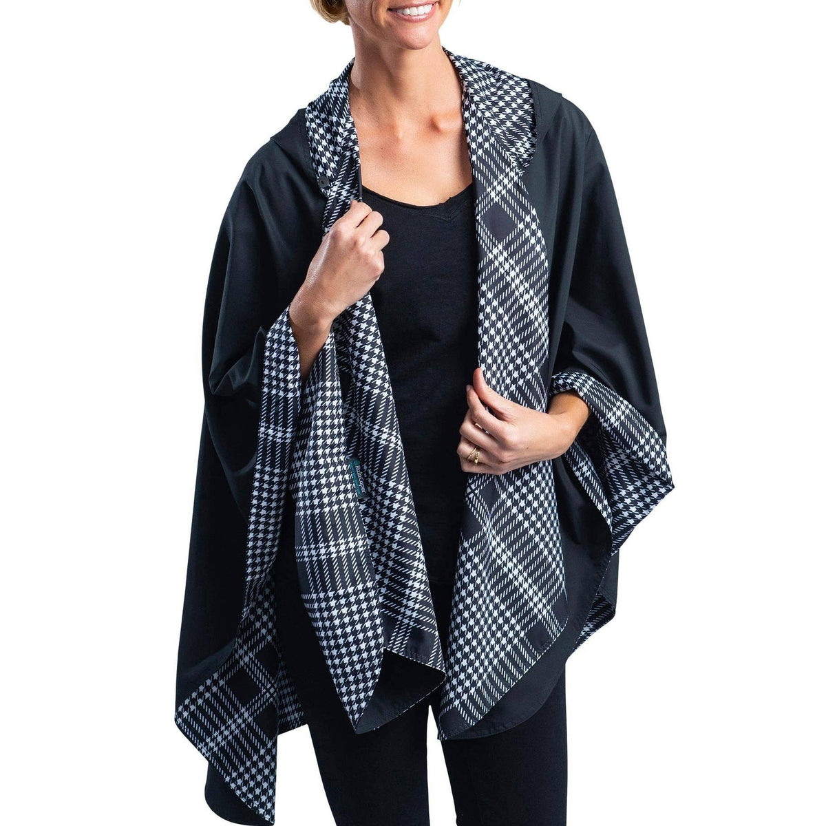 Black & Houndstooth Hooded Rain Cape – Lightweight Women's Rain Wrap
