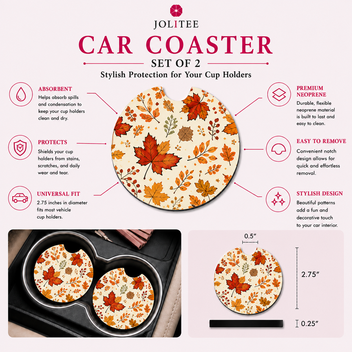 Jolitee Car Coasters, Absorbent Neoprene CupHolder Fall
