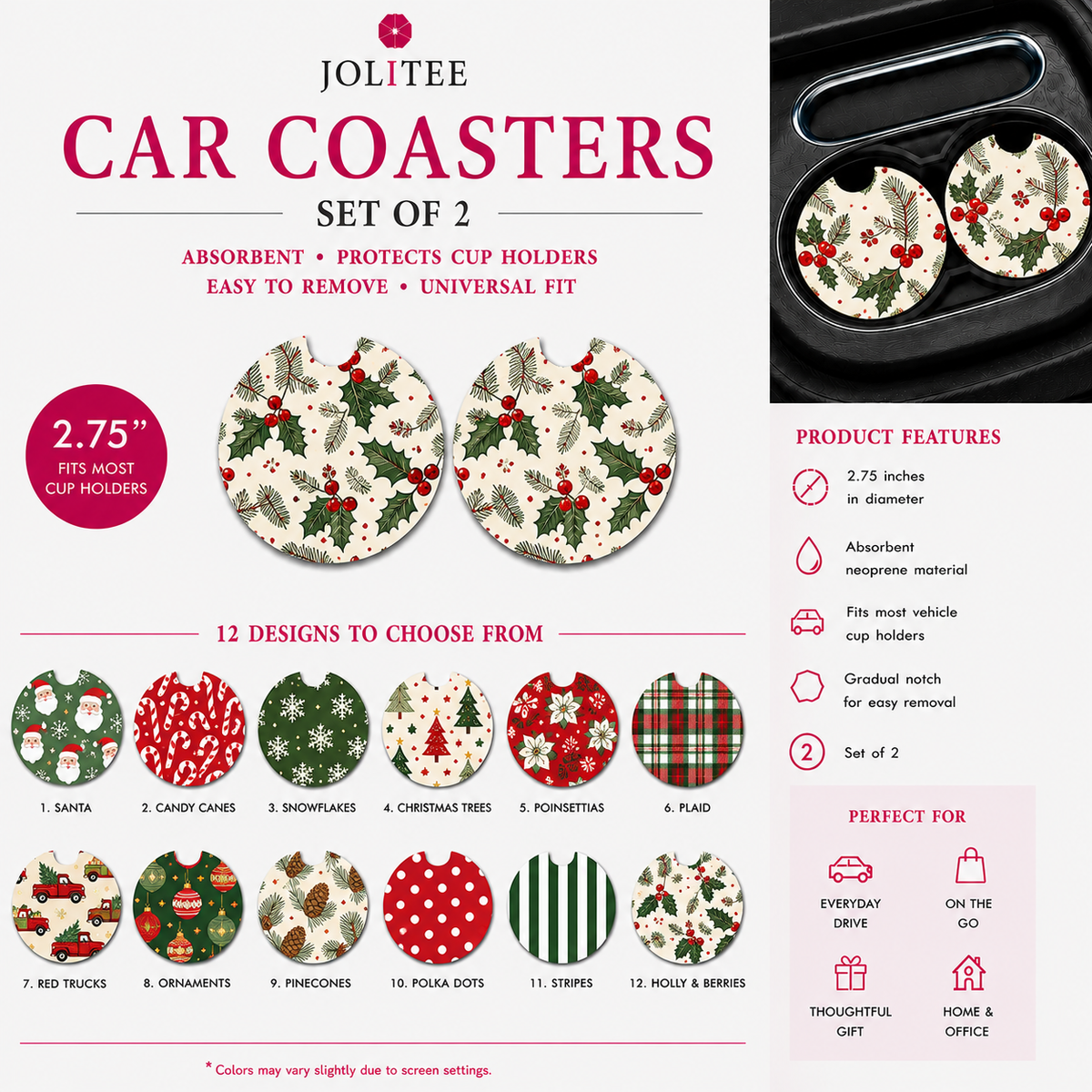 Jolitee Car Coasters, Absorbent Neoprene CupHolder Christmas
