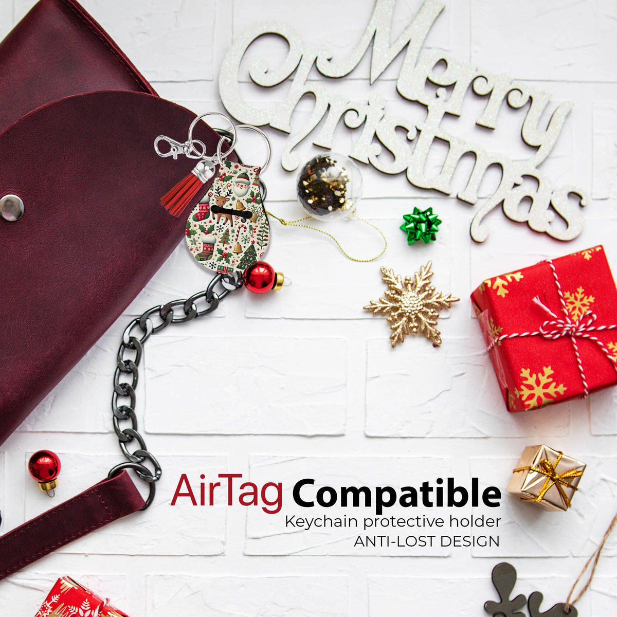 Neoprene AirTag Compatible Case Keychain – Christmas Deer