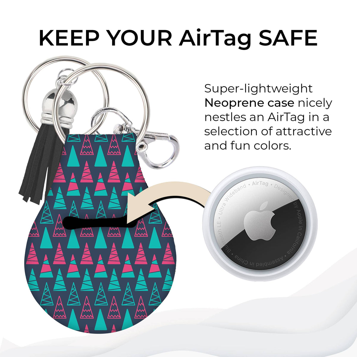 Neoprene AirTag Case Keychain – Geometric Tree Pattern