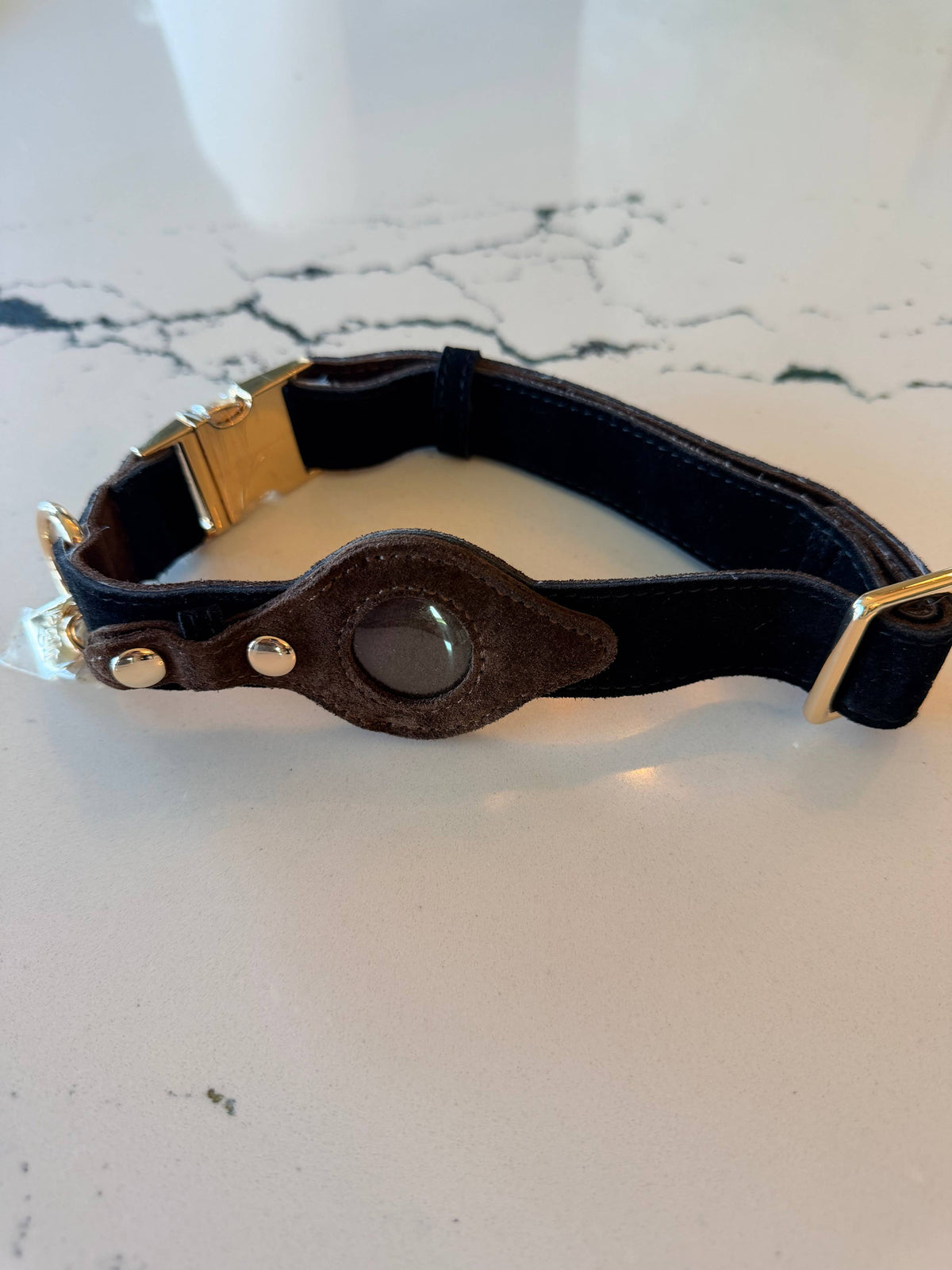 Heirloom Suede AirTag Dog Collar — Black & Coffee